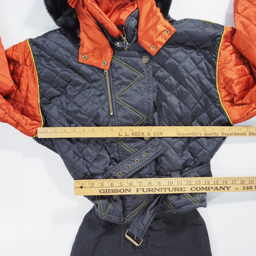 Vintage Obermeyer One Piece Ski Suit Women 12 Black Orange Quilted Hood Stirrup - Picture 4 of 9